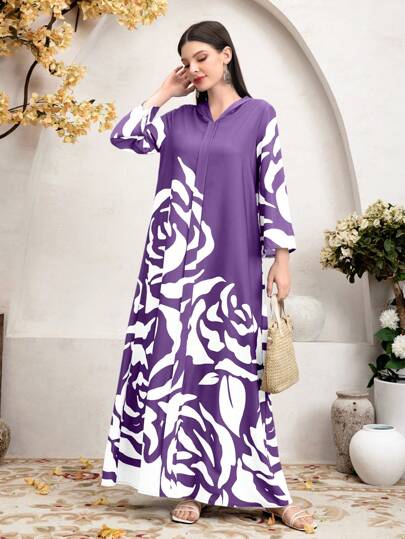 Al Najma 春夏拼色花卉印花连帽长裙，端庄