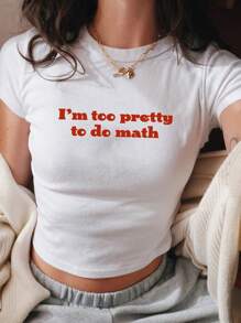 SHEIN EZwear Women's Simple Y2k Style Letter Printed White Short Sleeve T-Shirt I'm Too Pretty To Do Math - White - View 1