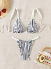 SHEIN Swim 女士度假條紋性感比基尼套裝，隨機印花 - 黑與白 - 查看 1