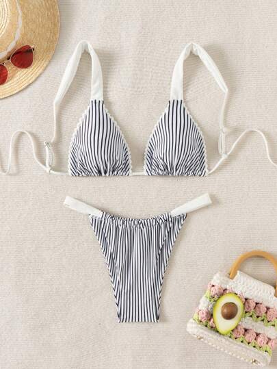 SHEIN Swim 女士度假條紋性感比基尼套裝，隨機印花