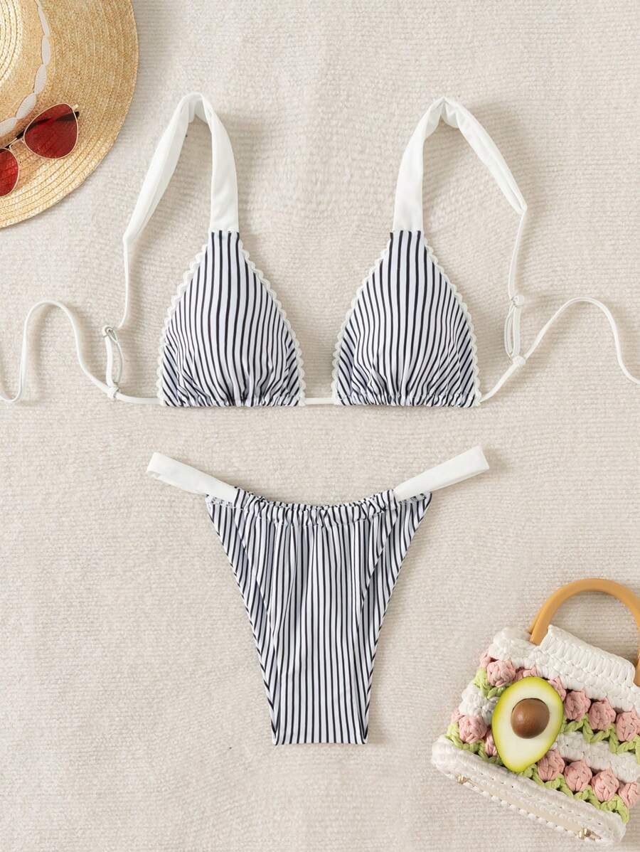 SHEIN Swim 女士度假條紋性感比基尼套裝,隨機印花 - 黑與白 - 查看 1