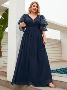 V領褶皺腰部花邊刺繡雪紡拼接禮服洋裝，配燈籠袖 - 藏蓝色 - 查看 4