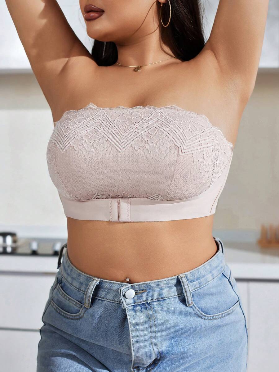 Plus Size Lace Spliced Bralette Wireless (1pc) - Pink - View 1