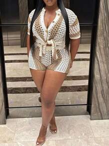 Cardigan de punto de calado de bloques de colores con botones frontales y pantalones cortos de punto