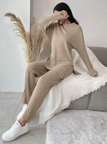EURMUSE Cotton Ribbed Knit Drop Shoulder Tee & Pants - Coffee Brown - View 3