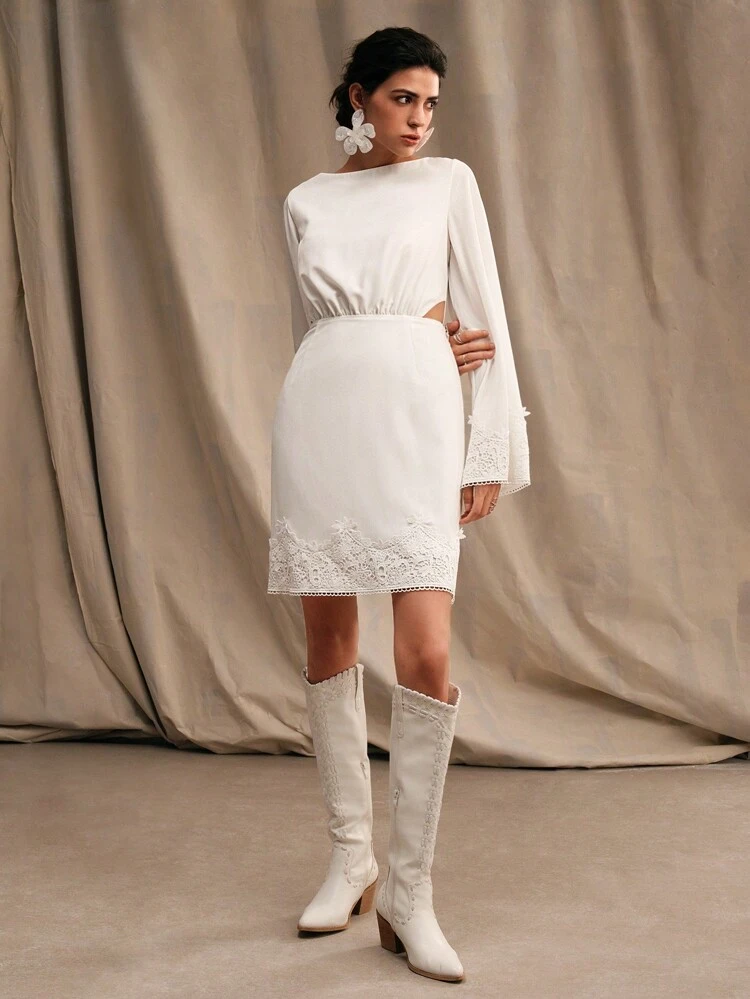 Party Style Exquisite Lace Trim White Women's Mini Dress, Featuring A Hollow-Out Waist And Flared Hem