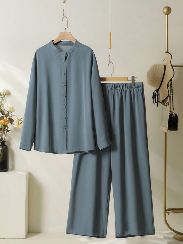 Lacomfia Plus Size Solid Color Round Neck Casual Long Sleeve Single-Breasted T-Shirt And Loose Pants 2pcs/Set 2 Pieces Set