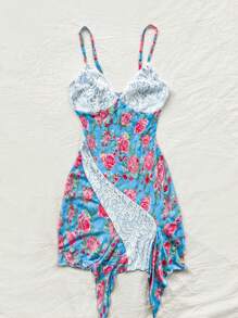 Soleia Robe d'été sans manches imprimée florale de dentelle pour femme avec bretelles spaghetti