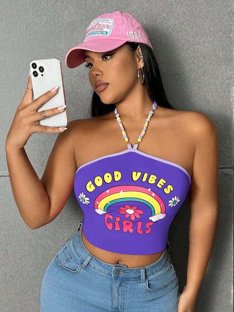 Plus Size Women's Summer Rainbow & Letter Print Halter Top For Casual Wear