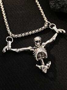 1pc Vintage Black Metal Skull Pendant Necklace, Punk Gothic Style Alloy Silver Skeleton Chain For Men And Women Casual & Festival Wear - Antique Silver - View 2