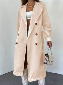 EURMUSE Solid Double Breasted Lapel Neck Belted Trench Coat - 米色 - 查看 5
