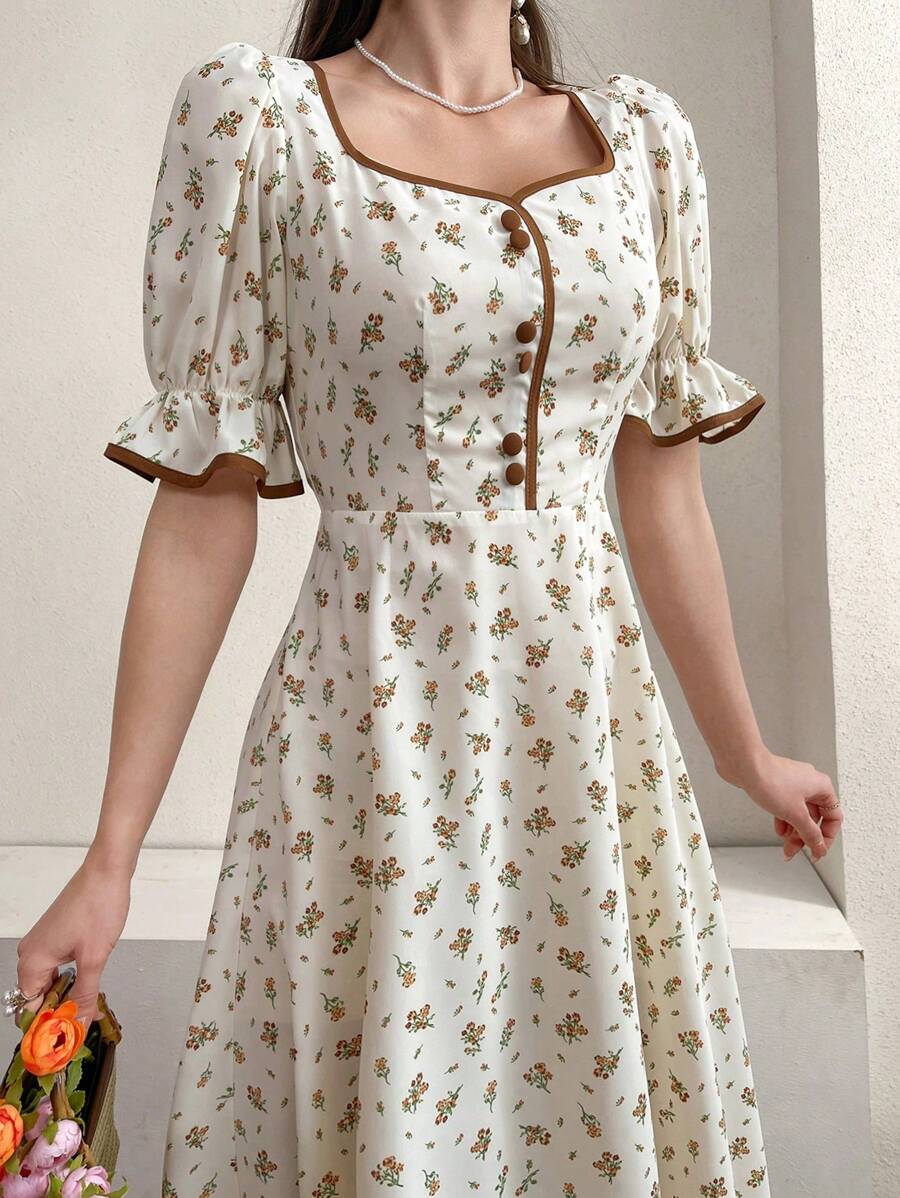 Modelyn Ladies' Short Sleeve Button Decorated Floral Dress - Apricot - View 1