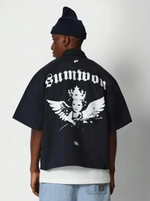 SUMWON Camisa de nailon con cremallera y ajuste cuadrado con estampado gráfico en la espalda - Azul - Ver 1