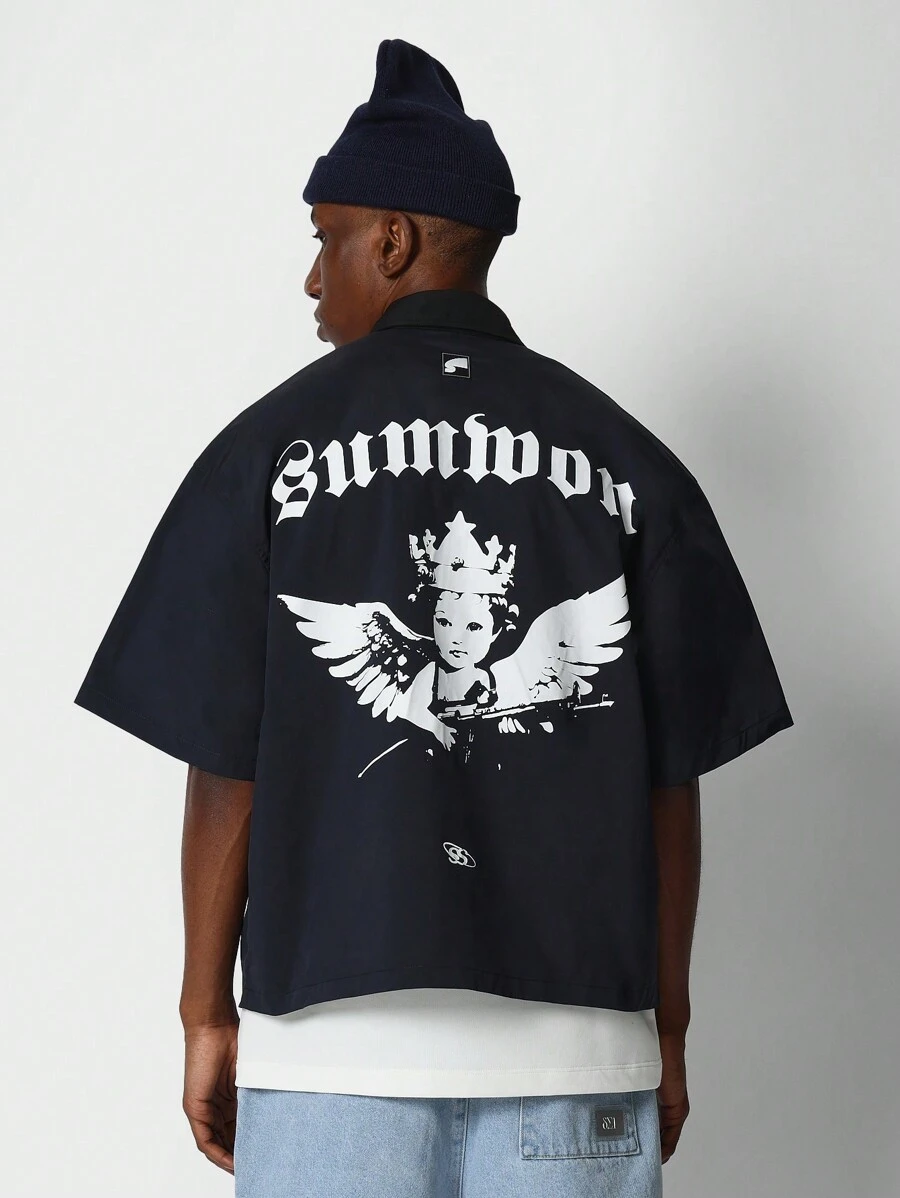 SUMWON Camisa de nailon con cremallera y ajuste cuadrado con estampado gráfico en la espalda - Azul - Ver 1