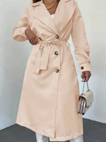 EURMUSE Solid Double Breasted Lapel Neck Belted Trench Coat - 米色 - 查看 6