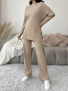 EURMUSE Cotton Ribbed Knit Drop Shoulder Tee & Pants - Coffee Brown - View 6