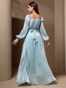 Solessence 女式优雅亮片拼接灯笼袖长裙，春夏，端庄 - 綠色 - 查看 2