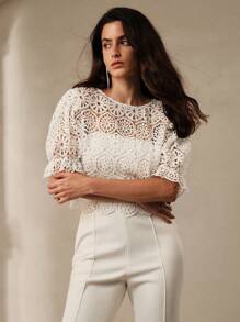 Anewsta Atractiva blusa de encaje para mujeres con mangas globas y cintura ajustada