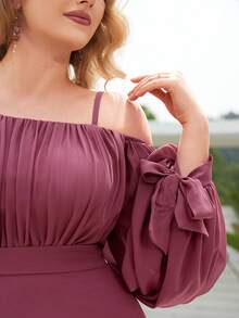 Đầm voan tay phồng không tay/lệch vai có dây buộc eo, thiết kế xếp ly, thanh lịch & duyên dáng - Màu tím - Xem 6