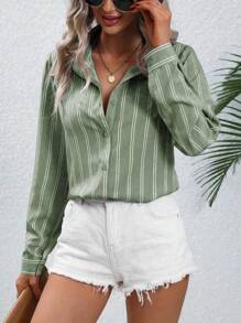 EMERY ROSE 女士時尚直條紋長袖襯衫