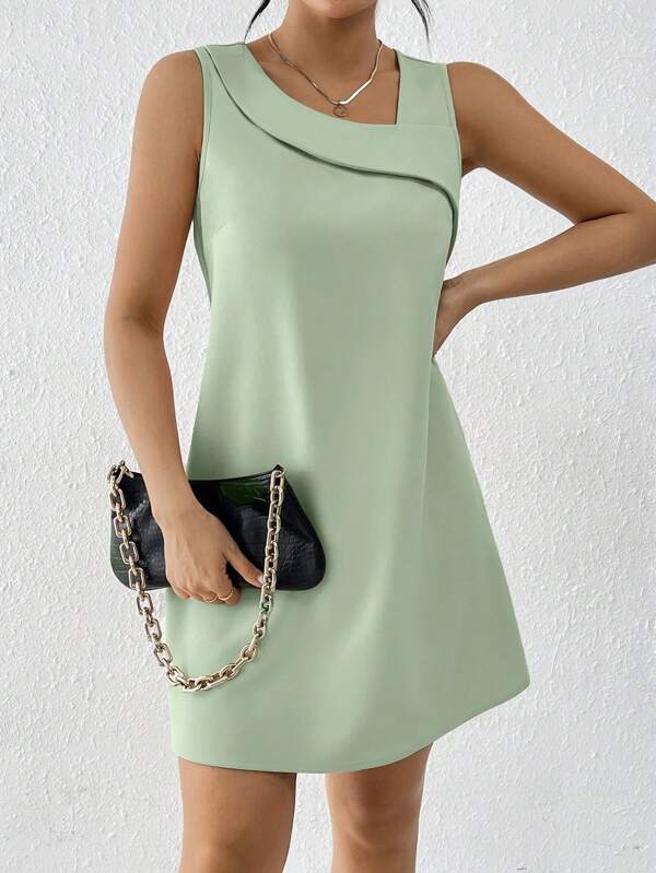Calvaya Asymmetric-Neck Solid Color Simple Summer Sleeveless Dress
