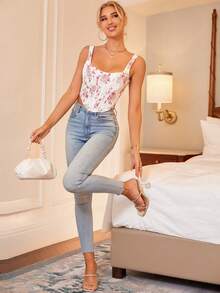 PARTHEA Floral Print Hanky Hem Zip Back Corset Tank Top - Multicolor - View 4