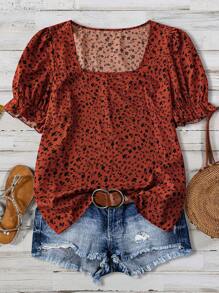 大码度假休闲花卉荷叶边袖衬衫，适合夏季 - 橘色 - 查看 1