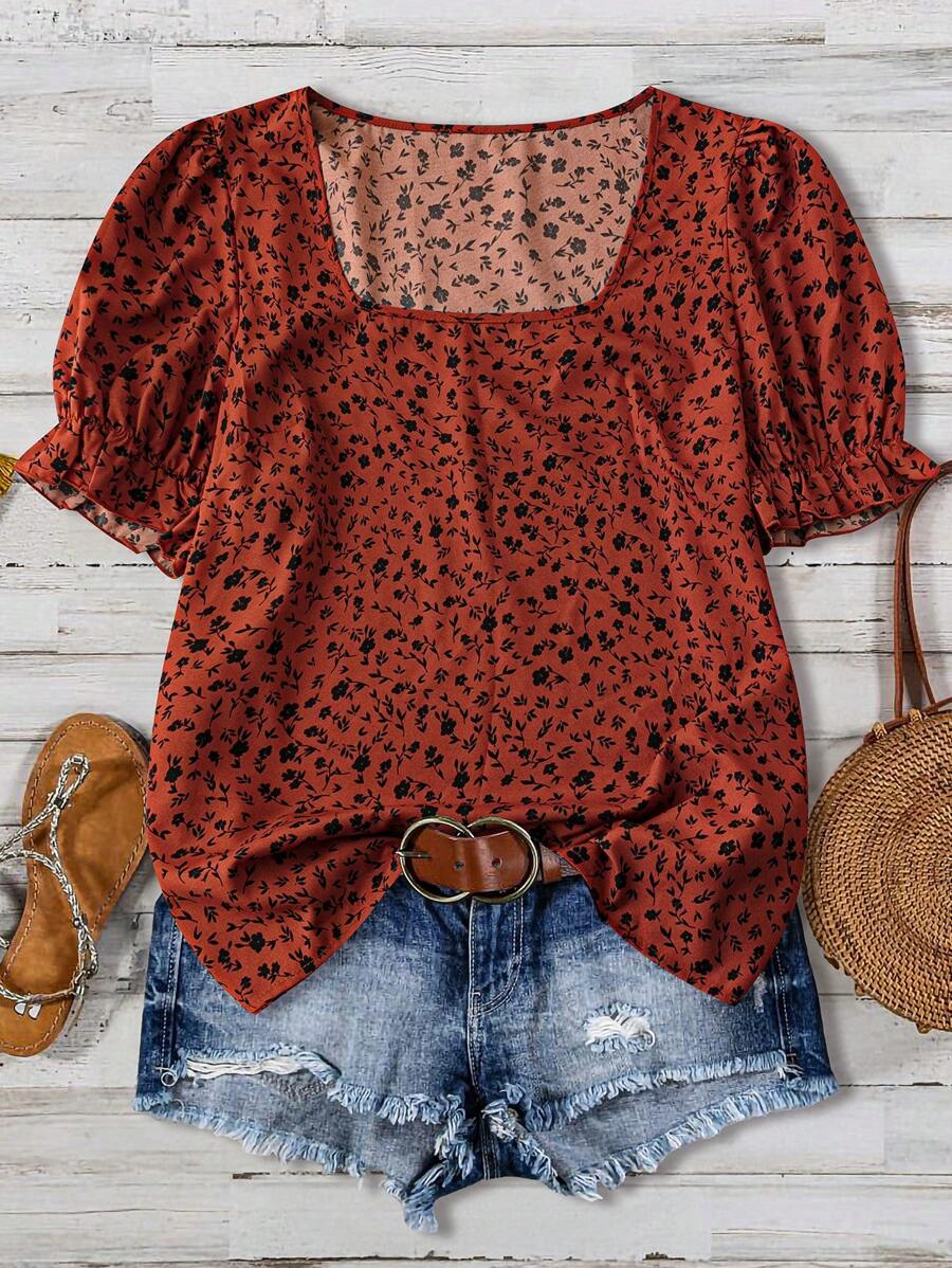 大码度假休闲花卉荷叶边袖衬衫，适合夏季 - 橘色 - 查看 1