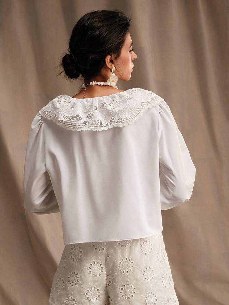 Elegant Symmetrical Lace Detail White Women's Open-Front Shirt