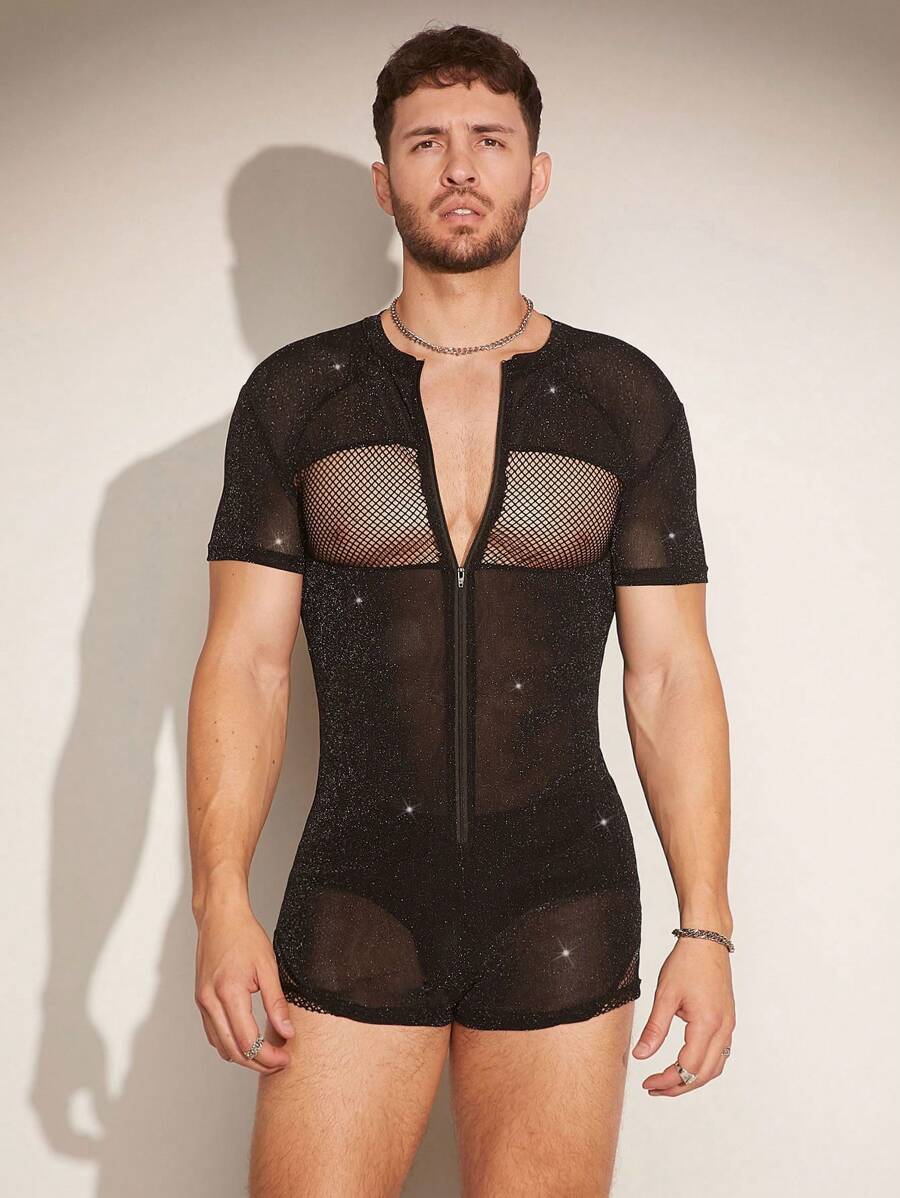 FeverCity Men Summer Sexy Fishnet Patchwork Short Sleeve Jumpsuit - Black - View 1