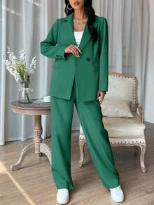 EURMUSE 女士純色休閒西裝外套和長褲2件套裝 - 軍綠色 - 查看 6