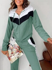 RueChic Cotton Women's Contrast Color Zipper Front Hoodie And Pants Two Pieces Set - Green - View 3