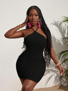 Slaydiva Đầm mini ôm sát màu cam dành cho nữ, kiểu dáng nghỉ dưỡng, cổ yếm và eo buộc dây, thiết kế hở lưng và chất liệu dệt kim có họa tiết. - màu đen - Xem 6