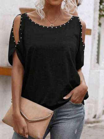 EMERY ROSE Women's Summer Rhinestone Decor Off-Shoulder Loose Casual Short Sleeve T-Shirt