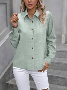 EMERY ROSE Women Solid Color Simple And Versatile Spring/Summer Shirt Fall Cloth For Women - Green - View 6