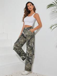SHEIN Tall Women's Casual Daily Wear Cargo Pants With Pockets - Army Green - View 5