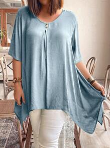 SHEIN LUNE Plus Size Women's Fashionable Loose Asymmetrical Hem Shirt - Dusty Blue - View 5