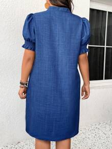 Linhara Plus Size Embroidery Detail Notched Neck Bubble Sleeve Summer Casual Straight Dress