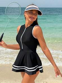 SHEIN Swim SPRTY 運動風格彩色拼接拉鍊比基尼上衣和條紋印花下著泳裝套裝，適用於游泳池、夏日沙灘 - 黑色 - 查看 4