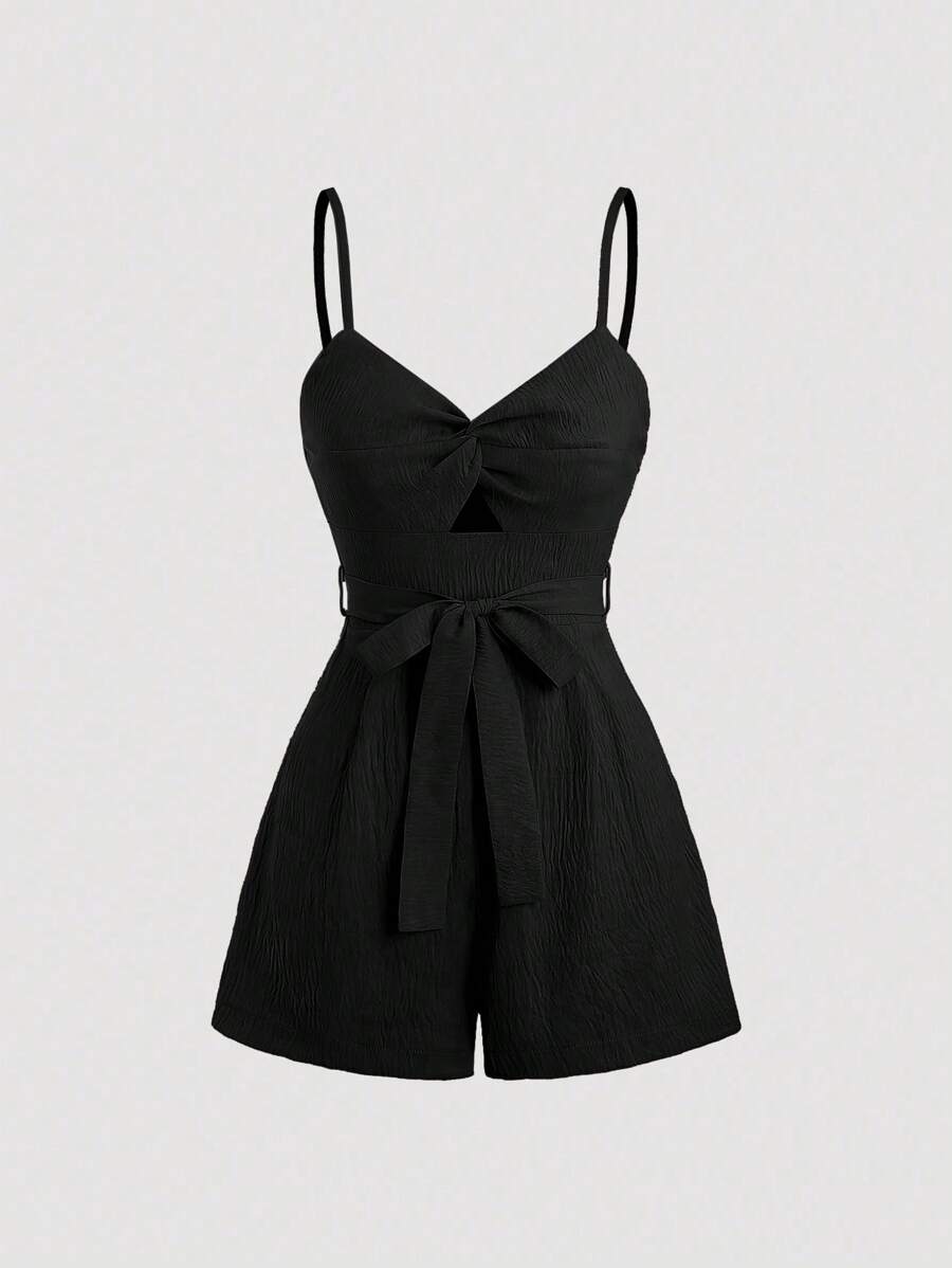 Sweetra Front Tie & Belted Casual Summer Jumpsuit With Spaghetti Straps - Black - View 1