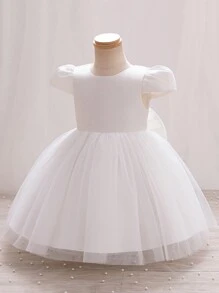 SHEIN Glamorique Kids 女嬰華麗薄紗洋裝，適合生日派對、晚宴、婚禮、洗禮、週歲生日、滿月派對等，秋季款 - 白色 - 查看 4