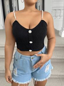 SHEIN Clasi Camiseta de punto con tirantes para mujer de talla grande con botones de perlas de moda - Negro - Ver 1