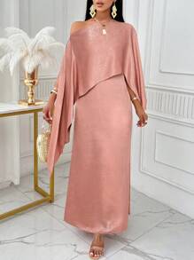 SOLERSUN Asymmetrical Neck Cloak Sleeve Satin Dress - Pink - View 8