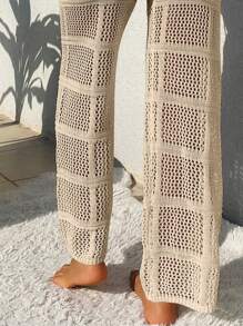 Swim Chiccia 女士度假沙滩装纯色镂空针织抽绳腰透视罩衫裤，夏季沙滩针织裤毛衣裤网眼裤