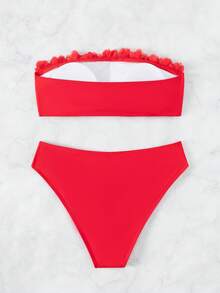 SHEIN Swim 女士纯色简约日常两件套比基尼套装 无钢圈 夏季沙滩文胸和比基尼套装 下装比基尼套装 - 紅色 - View 2