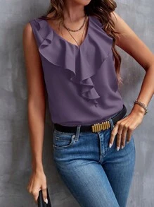 SHEIN Clasi Women Solid Color Sleeveless Blouse With Simple Ruffle Trim Decoration - Purple - View 3