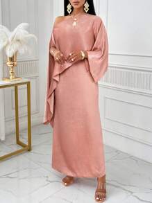 SOLERSUN Asymmetrical Neck Cloak Sleeve Satin Dress - Pink - View 5
