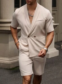 Manfinity Mode Men Summer Casual Solid Color Shawl Collar Suit Jacket And Shorts Set - Khaki - View 8