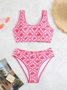 SHEIN Swim 女士简约花朵印花比基尼套装，荷叶边两件套，夏季海滩 - 彩色 - 查看 6