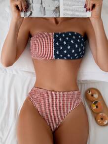 Swim Vcay Women's American Flag Print Bandeau Bra & Sexy Bikini Bottom Set, Holiday 4th Of July Bikini Set For Summer Beach 4th Of July Outfit